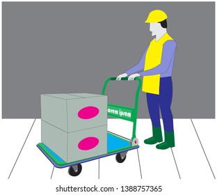 vector worker is pushing a filled trolly.
