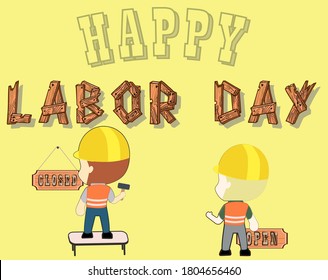 a vector of a worker putting up a "close" sign under the text of labor day with a wood texture, perfect for decorations to commemorate labor day