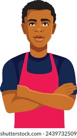 
Vector Worker Standing Greeting Customers with a Smile. Happy waiter in uniform greeting people 
