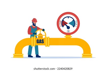 Vector of a worker turns off a valve on a gas pipeline. Energy crisis and gas supply concept 