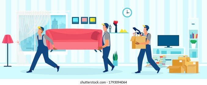 Vector of workers carrying a sofa moving boxes in a new house