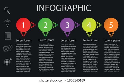 Vector workflow infographics. Five steps to success. Color-coded steps marked with numbers and symbols. Addition of your own text.