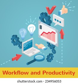 Vector Workflow And Productivity Set In Minimal Isometric Flat Style With Laptop Cog And Arrows