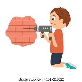 Vector working boy. Flat funny kid character drilling a brick wall with a drill. Craft lesson illustration. Concept of a child learning how to work with tools. Picture for workshop or masterclass