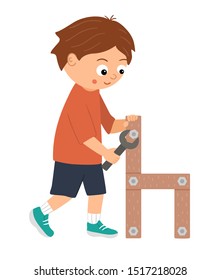 Vector working boy. Flat funny kid character screwing a screw in a wood chair with a screwdriver. Craft lesson illustration. Concept of a child learning how to work with tools. Picture for workshop