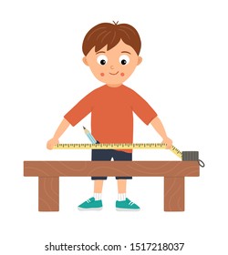 Vector Working Boy. Flat Funny Kid Character Doing Measurements With Tape-measure On Work Bench. Craft Lesson Illustration. Concept Of A Child Learning How To Work With Tools. Picture For Workshop