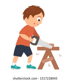 Vector working boy. Flat funny kid character sawing wood with a saw on work bench. Craft lesson illustration. Concept of a child learning how to work with tools. Picture for workshop or masterclass
