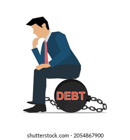 Vector Of A Working Business Man Tied Down By A Debt Ball And Chain Legcuffed.