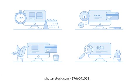 Vector working desk with monitor illustrations in flat line design. Set includes time managment, security payment, online payment, page not found, 404 error.