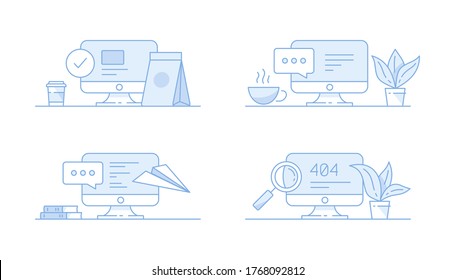 Vector working desk with monitor illustrations in flat line design. Set includes communications, chat and messenger, online shopping, page not found, 404 error.