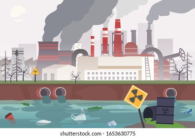 Vector of a working factory polluting air, water and soil pouring toxic waste chemicals in river