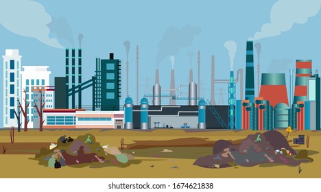 Vector of a working factory polluting air, water and soil with toxic waste chemicals 