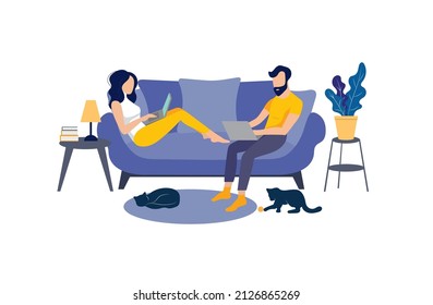 Vector Working Family on Blue Sofa, Bright Colorful Man and Woman Using Laptops, Online Messaging Concept, Cartoon Room Interior.