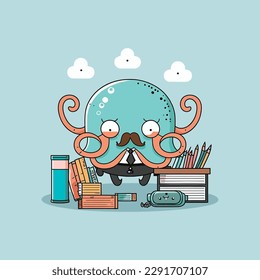 Vector working octopus smiling cartoon labor