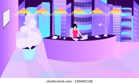Vector working place illustration, successful businesswoman concept, chief big cabinet in violet, pink and blue colours