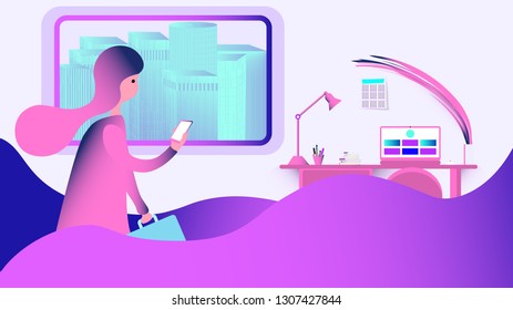 Vector working place illustration with young woman going to office work with smartphone in hand