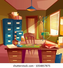 Vector working space of detective, office room interior. Desktop, cabinet, bookshelves, chair, table with lamp, case, ashtray with cigarettes, alcohol bottle. Place for agency Concept for workplace