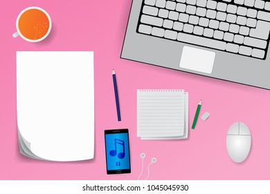 vector of working table work space top view with computer and pencil, note, cup of coffee on table , vector eps 10