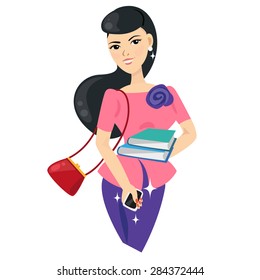 Vector of working woman holding file and mobile.