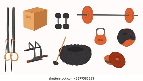 Vector workout objects set. Gym equipment flat design. Collection on sport theme. Ideal for web design, stickers, sport guide and tutorials