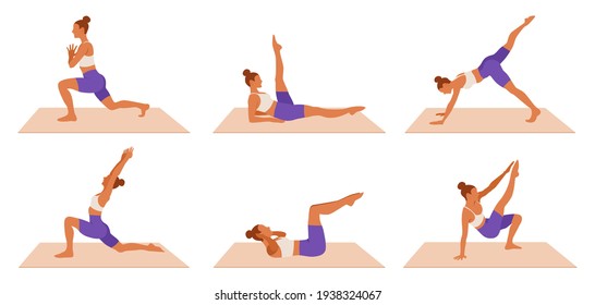 Vector Workout woman set. Girl doing fitness, aerobic and yoga exercises. Lunges, legs exercises and abc