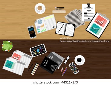 vector workplace Business applications and communications with commercial paper, documents, files, pens, pencils, cell phone, tablet, glasses, coffee cups, flat design