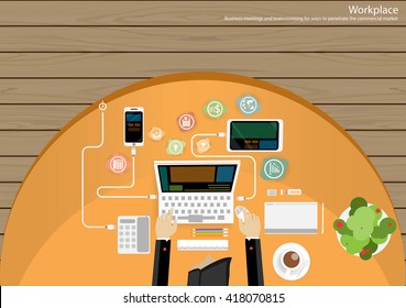 Vector Workplace Business Brainstorm ideas for using technology to communicate with a mobile computer tablet paper, glasses and coffee cups flat design 
