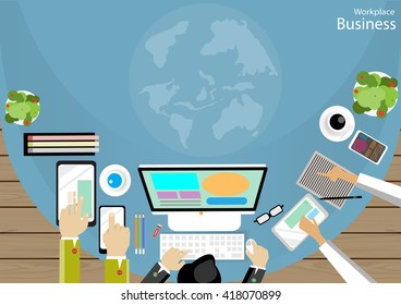 Vector Workplace Business Brainstorm ideas for using technology to communicate with a mobile computer tablet paper, glasses and coffee cups flat design 