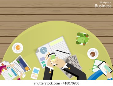Vector Workplace Business Brainstorm ideas for using technology to communicate with a mobile computer tablet paper, glasses and coffee cups flat design 