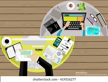 Vector Workplace Business Brainstorm ideas for using technology to communicate with a mobile computer tablet paper, glasses and coffee cups flat design