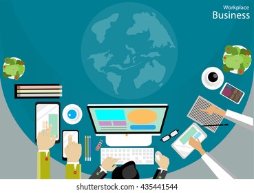 Vector Workplace Business Brainstorm ideas for using technology to communicate with a mobile computer tablet paper, glasses and coffee cups flat design