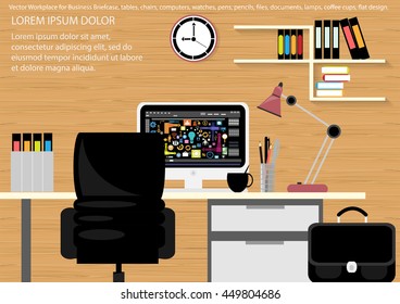 Vector Workplace for Business Briefcase, tables, chairs, computers, watches, pens, pencils, files, documents, lamps, coffee cups, flat design.
