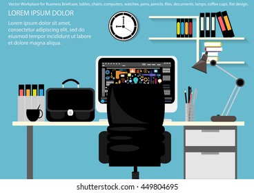 Vector Workplace for Business Briefcase, tables, chairs, computers, watches, pens, pencils, files, documents, lamps, coffee cups, flat design.