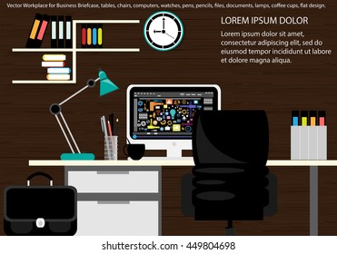 Vector Workplace for Business Briefcase, tables, chairs, computers, watches, pens, pencils, files, documents, lamps, coffee cups, flat design.