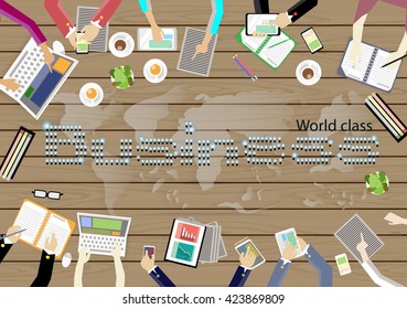 Vector workplace for business meetings and brainstorming. Concept and web banners, print media and mobile technology, tablet, laptop, diary, coffee cups, lamps, and a world map