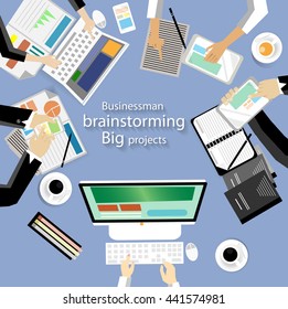 Vector  workplace for business meetings and brainstorming. Analysis plan Concept and web banners, print media and mobile technology, tablet, laptop, diary and a cup of coffee, flat design