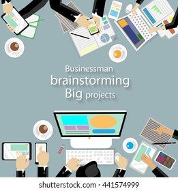Vector  workplace for business meetings and brainstorming. Analysis plan Concept and web banners, print media and mobile technology, tablet, laptop, diary and a cup of coffee, flat design