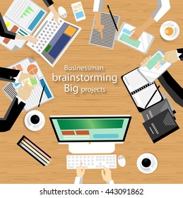 Vector workplace for business meetings and brainstorming. Analysis plan Concept and web banners, print media and mobile technology, tablet, laptop, diary and a cup of coffee, flat design