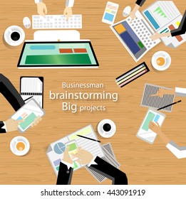 Vector workplace for business meetings and brainstorming. Analysis plan Concept and web banners, print media and mobile technology, tablet, laptop, diary and a cup of coffee, flat design
