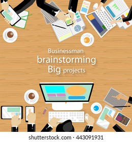 Vector workplace for business meetings and brainstorming. Analysis plan Concept and web banners, print media and mobile technology, tablet, laptop, diary and a cup of coffee, flat design