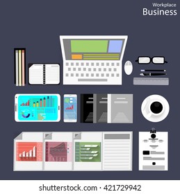 Vector Workplace business people view the use of modern communication technologies, notebooks, tablets, mobile phones, glasses, pens, pencils, rulers, paper files, diaries and coffee cups, flat design