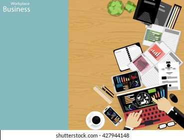 Vector Workplace business people view the use of modern communication technologies, notebooks, tablets, mobile phones, glasses, pens, pencils, rulers, paper files, diaries and coffee cups,