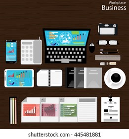 Vector Workplace business people view the use of modern communication technologies, notebooks, tablets, mobile phones, glasses, pens, pencils, rulers, paper files, diaries and coffee cups, flat design