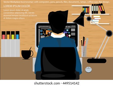 Vector Workplace businessman with computers, pens, pencils, files, documents, lamps, coffee cups, flat design.