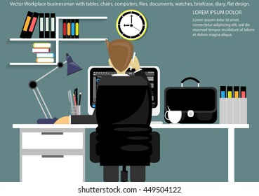 Vector Workplace businessman with tables, chairs, computers, pens, pencils, files, documents, watches, briefcase, diary, flat design.