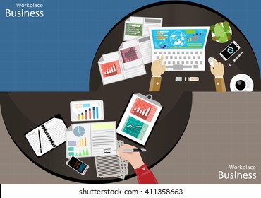  Vector Workplace businessman top view. Modern communication technologies task, leveraging Mobile,Notebook, Table,t pen and paper, diary, file a cup of coffee flat design
