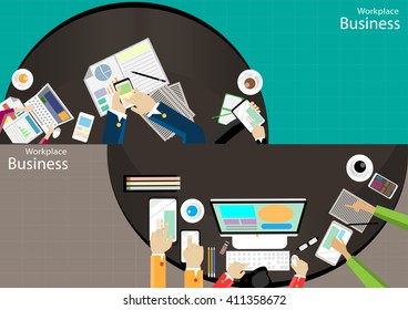 Vector Workplace businessman top view Modern communication technologies task, leveraging the mobile Notebook computer tablet paper files, pencils, glasses and coffee cups flat design