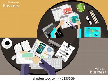 Vector Workplace businessman top view. Modern communications technologies include mobile tablet glasses, pens, pencils, rulers, paper files, diaries, and a cup of coffee flat design