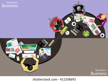 Vector Workplace businessman top view The modern mobile communication technologies task, leveraging Tablet Notebook file paper diary and coffee cups, flat design
