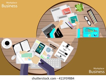 Vector Workplace businessman top view. Modern communications technologies include mobile tablet glasses, pens, pencils, rulers, paper files, diaries, and a cup of coffee flat design